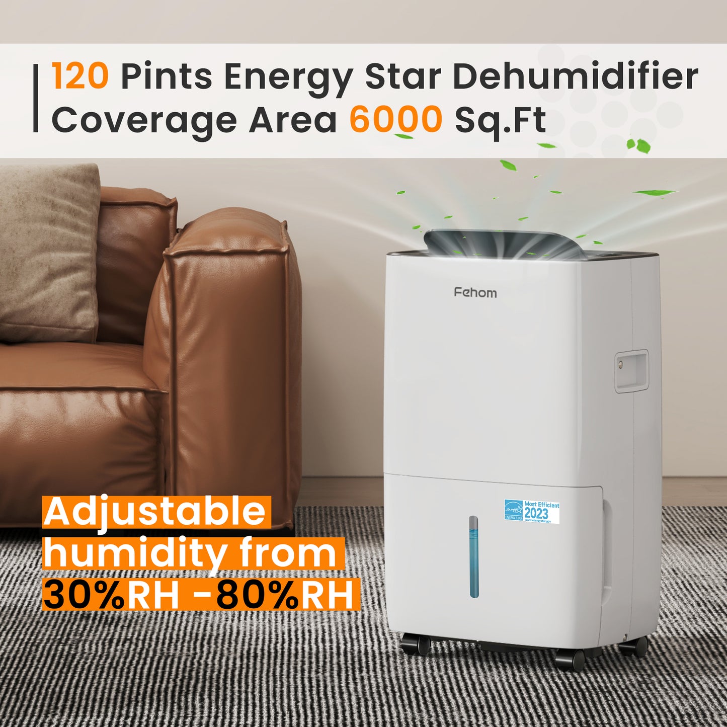 Fehom 120 Pints Dehumidifier Most Efficient 2023 Energy Star - 6000 Sq. Ft Dehumidifier for Basement with Drain Hose and 1.06 Gal Water Tank, Smart Dehumidifiers for Home, Large Rooms(Model: JD025L-120)