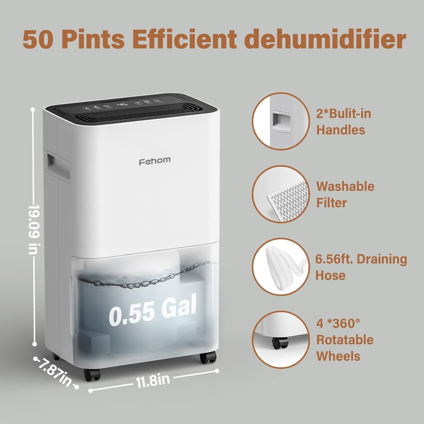 50 Pints Dehumidifier for Home, Portable Dehumidifier for Basement up to 4,500 Sq. Ft., Dehumidify/Dry Clothes/Continuous Mode, 0.55 Gal Tank & 6.56 Hose Drain, Built-in Smart Humidistat (Model: PD11A)