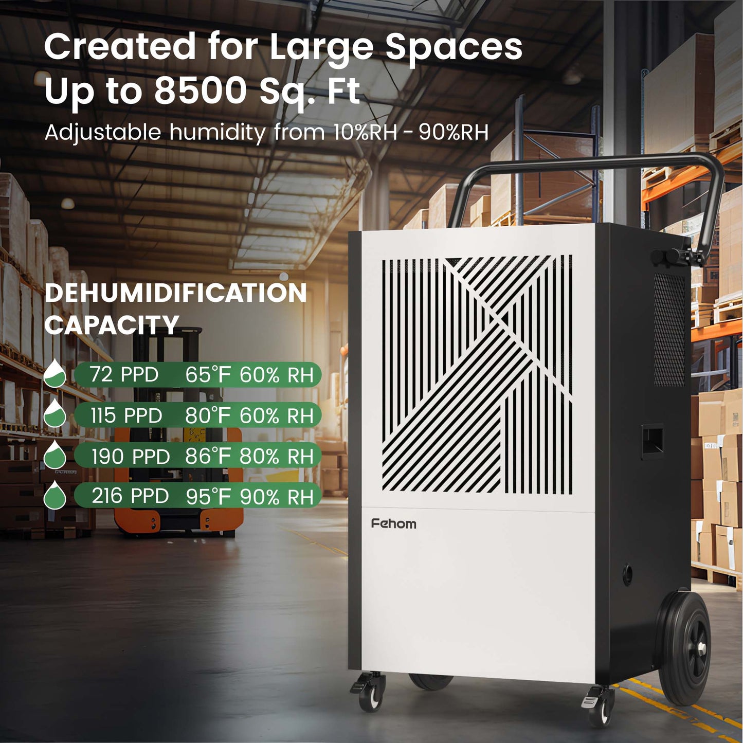 Fehom 216-Pint Commercial Dehumidifier with Pump | 371 CFM, Drain Hose Included