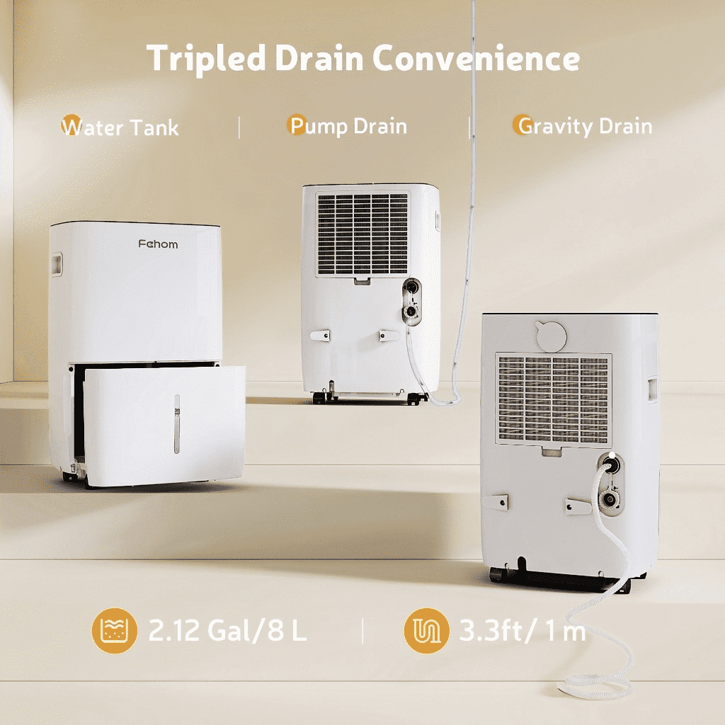 Fehom 150 Pints Dehumidifier with Pump - 7000 Sq. Ft Dehumidifier for Basement with Drain Hose and 1.85 Gal Water Tank, Smart Dehumidifiers for Large Rooms(Model: JD026L-150PM)